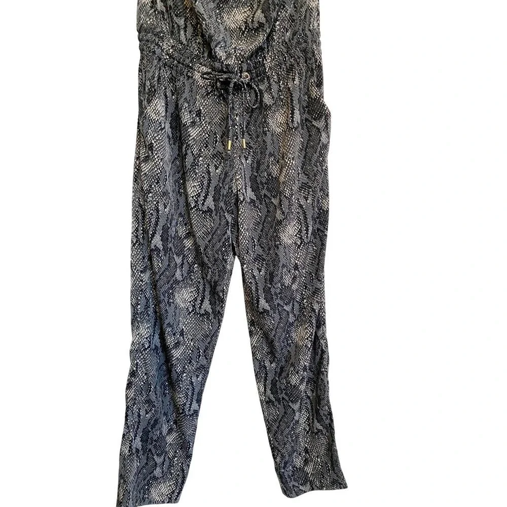 Express Womens Snakeskin Print Strapless Jumpsuit Grey Black XS Drawstring Waist